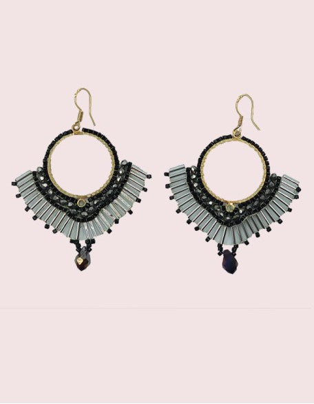 Beaded - Winged Earrings in Black-Silver Combo (SW-SJ-64)