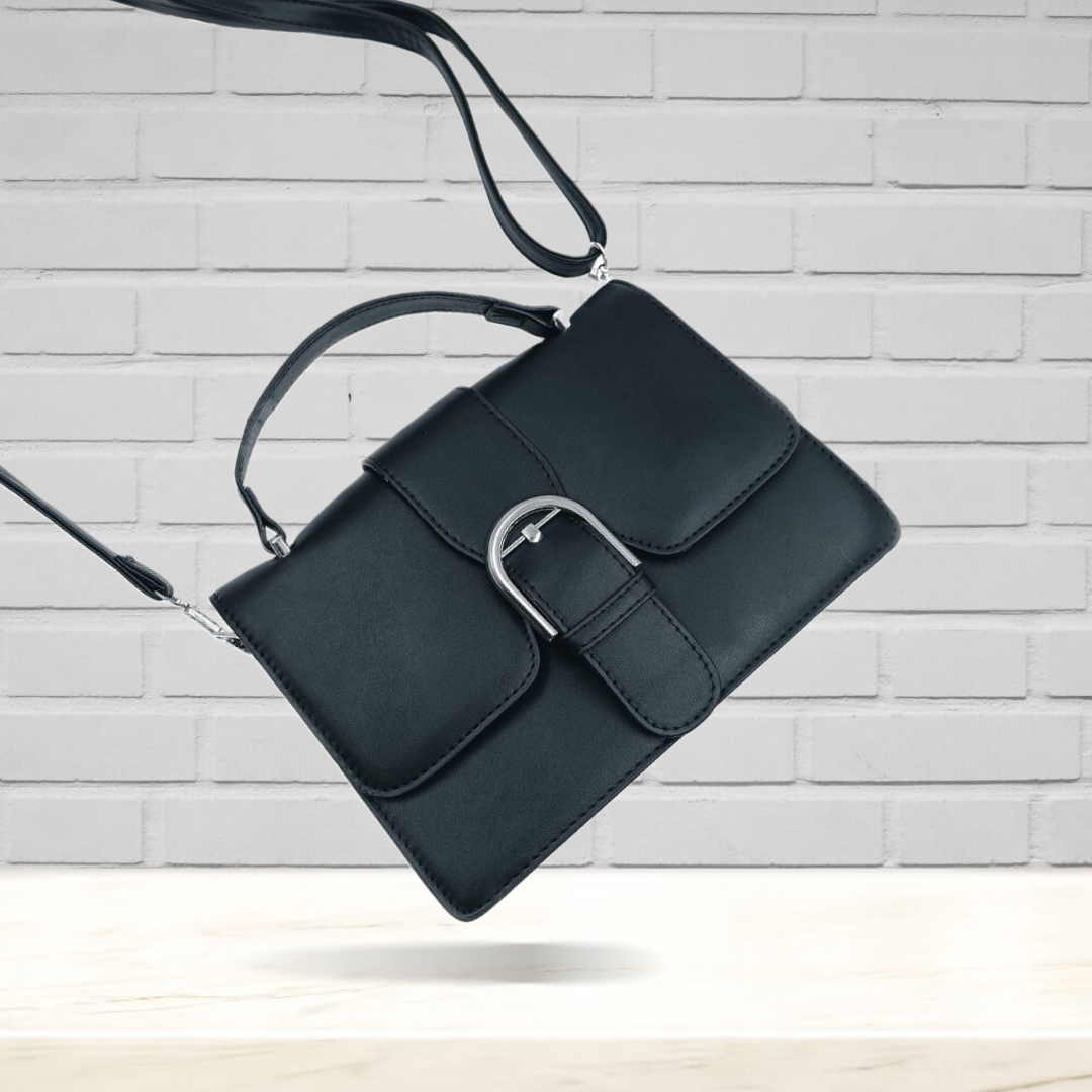 Elegant Black Leather Crossbody Bag with Buckle Accent