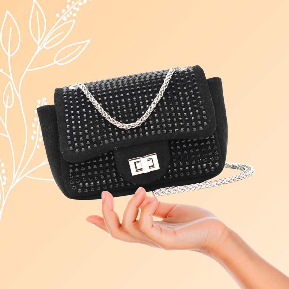 Elegant Black Studded Handbag with Chain Strap – Shailly's