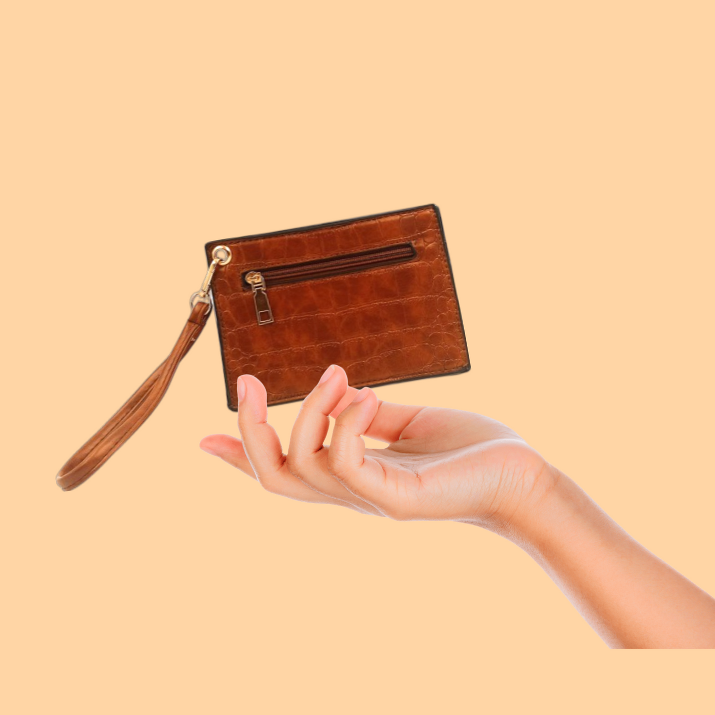 Faux Leather Crocodile embossed square Pouch in Tan color