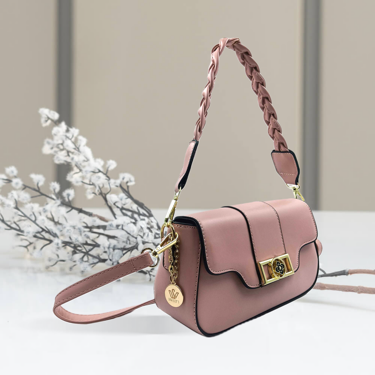 Elegant Mauve Braided Strap Crossbody Bag