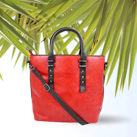 Bold Red Leather Handbag with Studded Straps