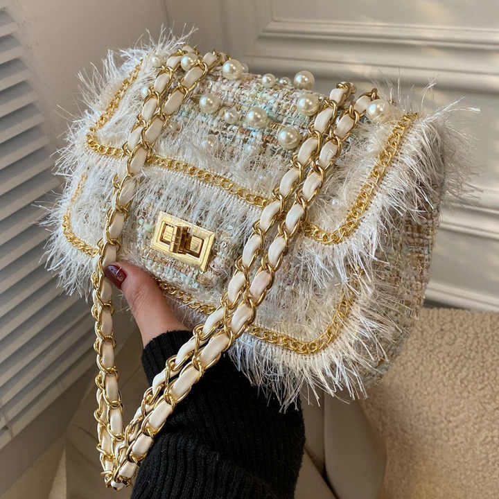 Knitted Fabric Sling with pearl beads & chain strap
