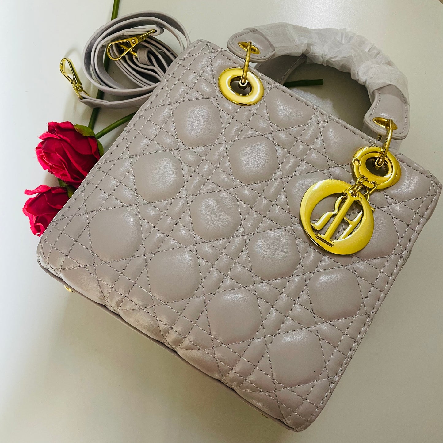 Luxurious Quilted Stone-Grey Handbag