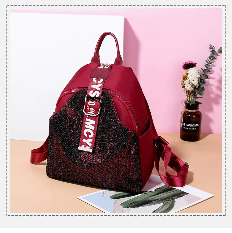 Trendy Maroon Red "Limited Edition" Backpack with sequins front & Stylish Strap Detailing