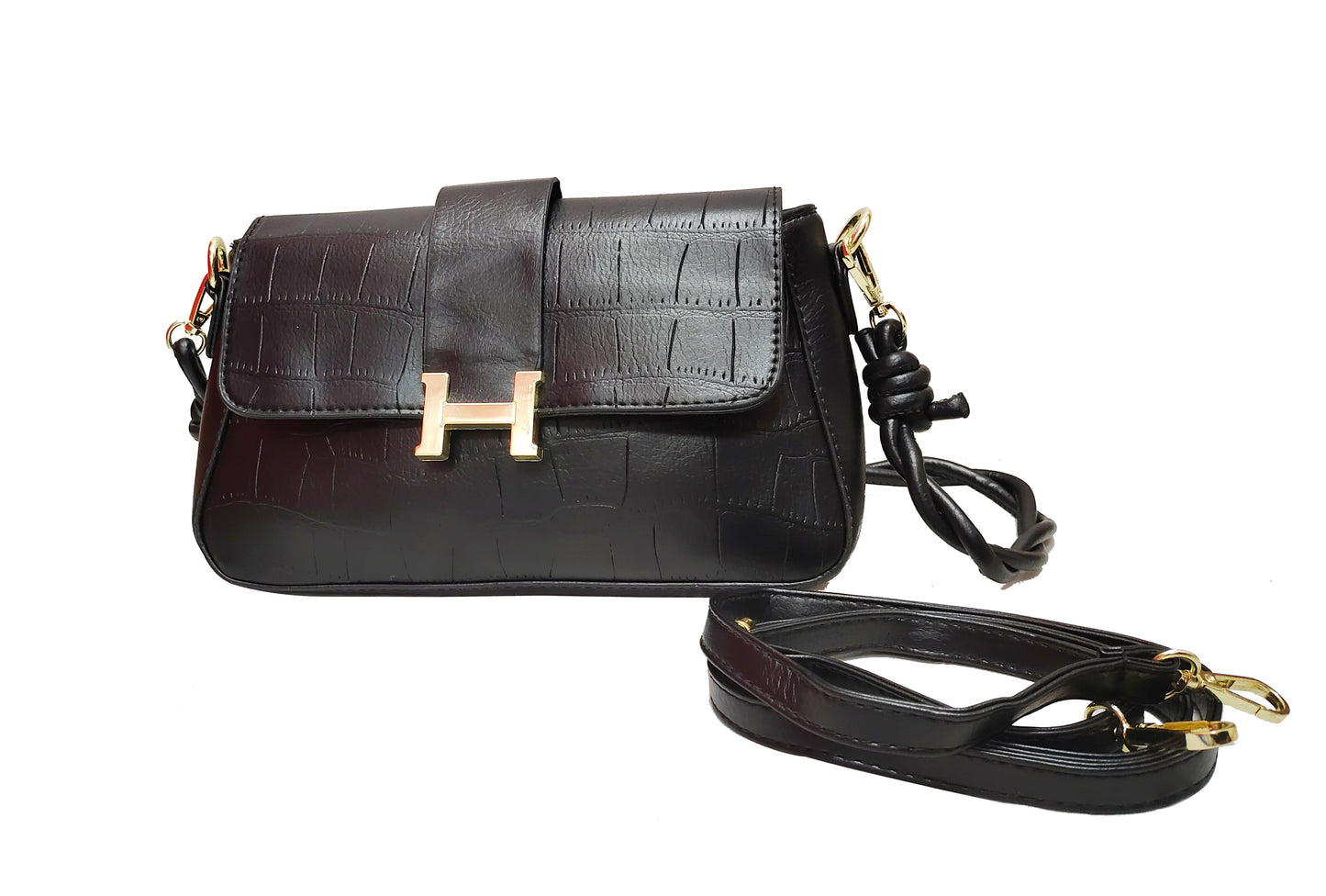 Classic Black Croco-Embossed Faux Leather Shoulder Bag cum Crossbody Bag