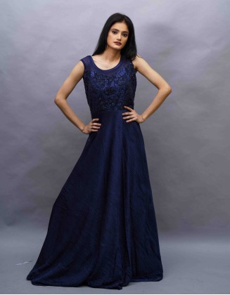 Partywear Gown Satin Pleated fabric in Indigo