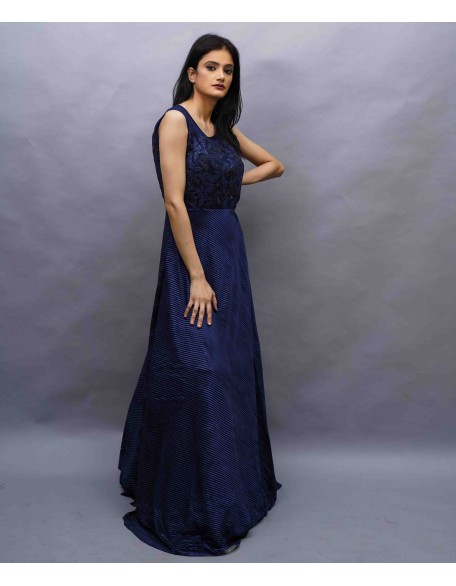 Partywear Gown Satin Pleated fabric in Indigo