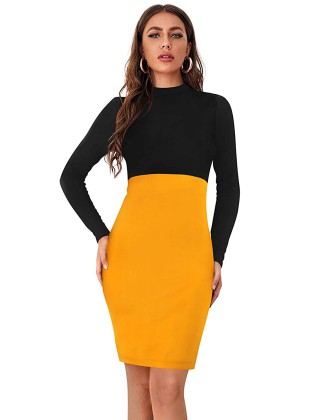 Women's Bodycon Knee Length Dress- black-yellow