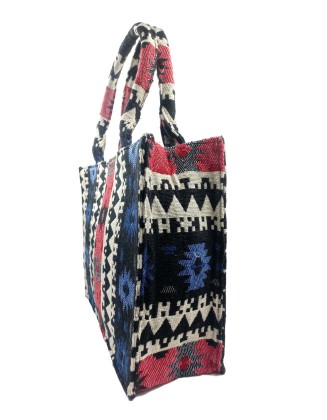 JACQUARD FABRIC RED&BLACK COLOR TOTE BAG FOR WOMEN'S